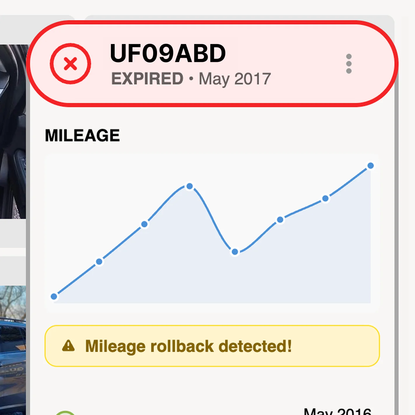 Mileage rollback shown in MOT history